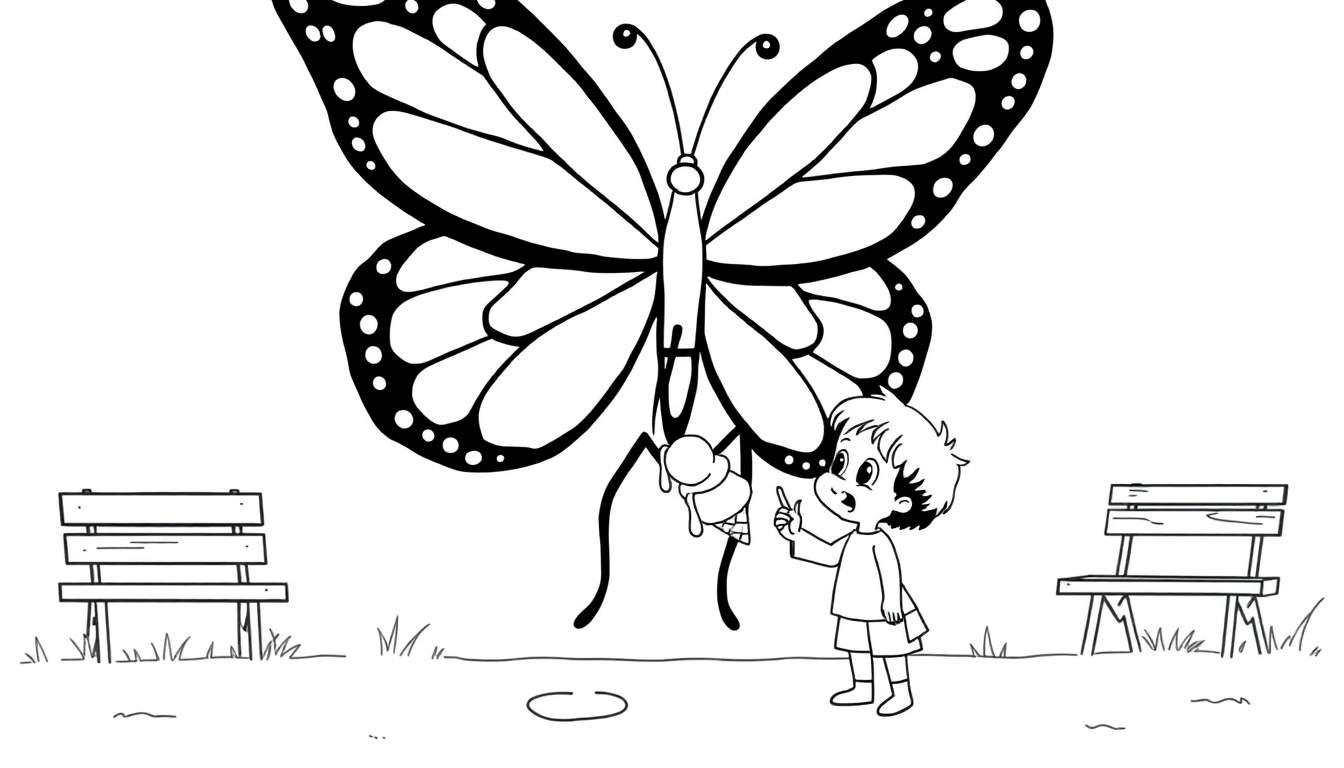 Disegno da colorare di una farfalla, un bambino che alza una mano e un cono gelato che cade, con panchine.
