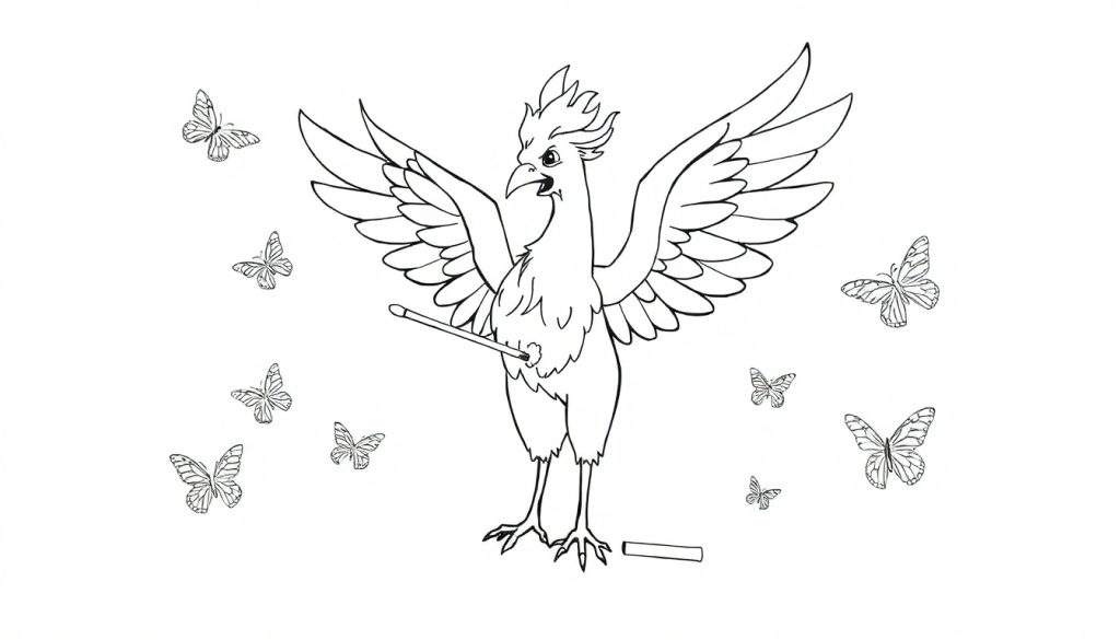 Disegno a linea bianca e nera di una fenice che tiene una bacchetta tra le zampe, con farfalle che le svolazzano intorno, pronto per essere colorato.