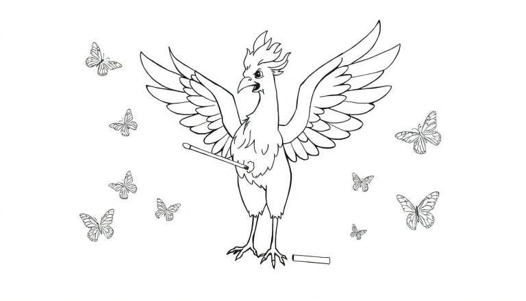 Disegno a linea bianca e nera di una fenice che tiene una bacchetta tra le zampe, con farfalle che le svolazzano intorno, pronto per essere colorato.