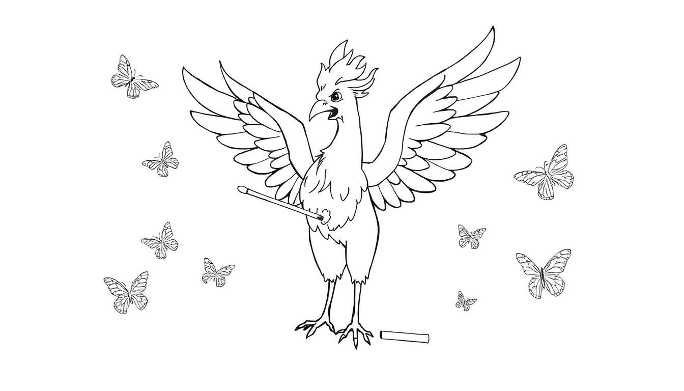 Disegno a linea bianca e nera di una fenice che tiene una bacchetta tra le zampe, con farfalle che le svolazzano intorno, pronto per essere colorato.