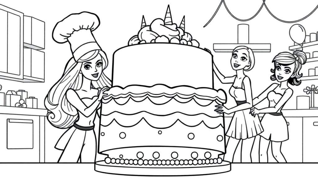 Disegno da colorare di tre donne che sorridono mentre presentano un'enorme torta multistrato decorata con glassa, perline e dettagli circolari. L'ambiente circostante è una festa con regali e decorazioni.