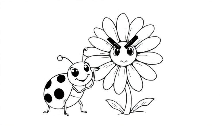Disegno da colorare di un fiore con faccia aggrottata e una coccinella sorridente con corpo a pois, su sfondo bianco.