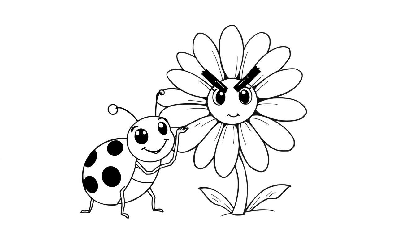 Disegno da colorare di un fiore con faccia aggrottata e una coccinella sorridente con corpo a pois, su sfondo bianco.