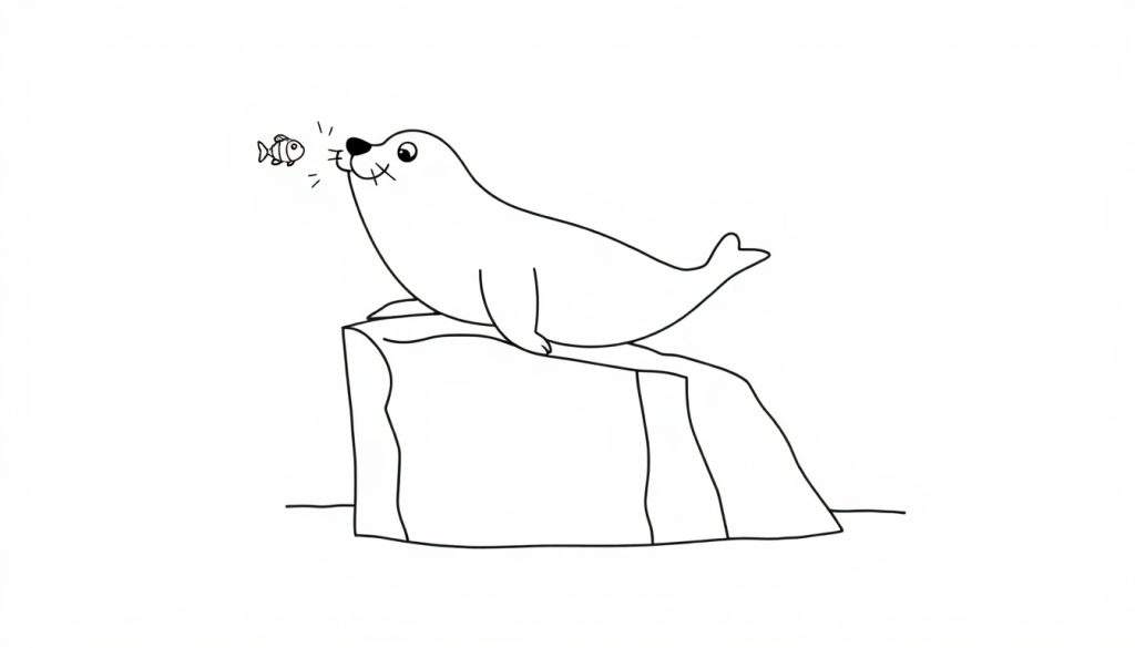 Disegno a linee di una foca felice su una roccia con un pesciolino vicino.