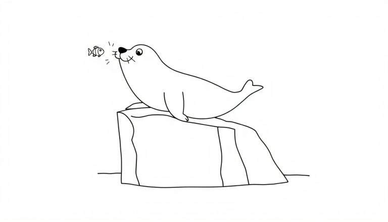 Disegno a linee di una foca felice su una roccia con un pesciolino vicino.