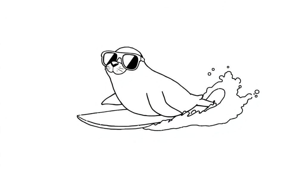 Disegno da colorare di una foca con occhiali da sole che surfano su un'onda, con schizzi d'acqua.