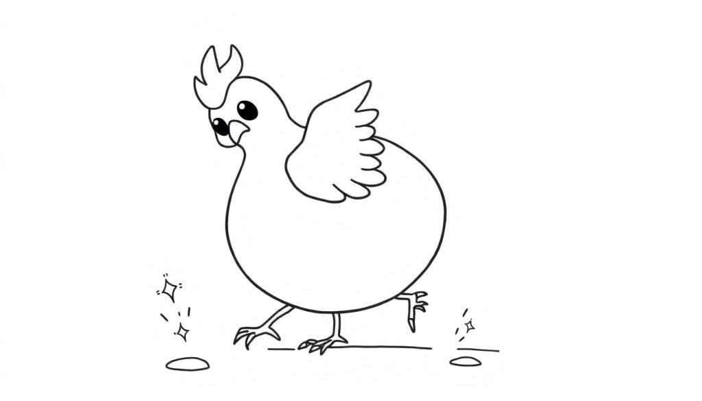 Disegno al tratto bianco e nero di una gallina rotonda con grandi occhi curiosi, piume sulla testa e scintille ai piedi, che cammina su una linea di terra.