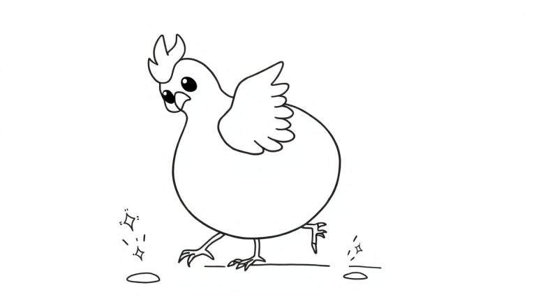 Disegno al tratto bianco e nero di una gallina rotonda con grandi occhi curiosi, piume sulla testa e scintille ai piedi, che cammina su una linea di terra.