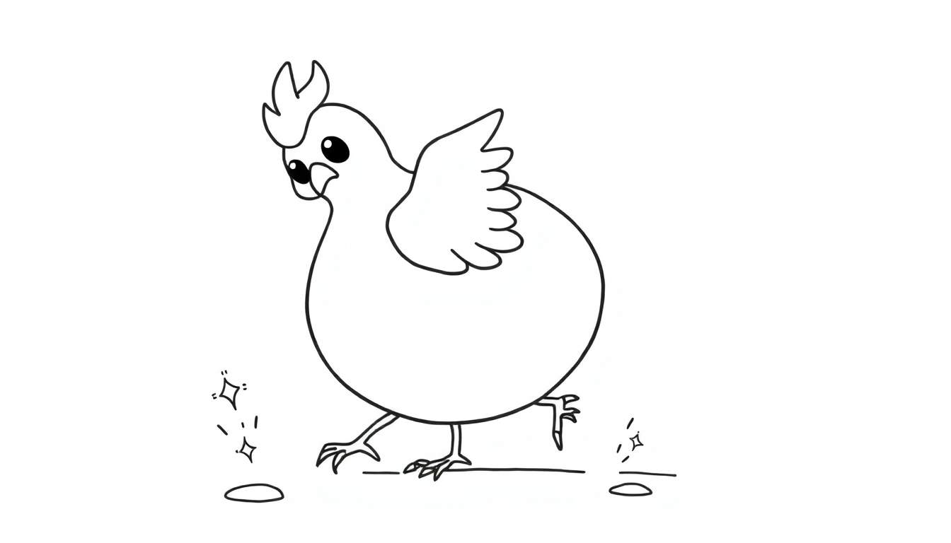 Disegno al tratto bianco e nero di una gallina rotonda con grandi occhi curiosi, piume sulla testa e scintille ai piedi, che cammina su una linea di terra.