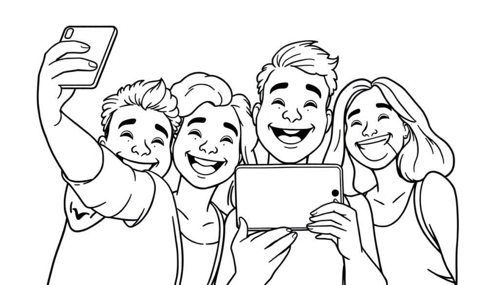 Disegno da colorare di quattro amici sorridenti che fanno un selfie.