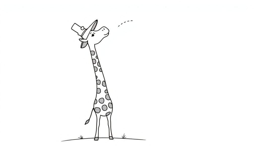 Disegno da colorare di una giraffa stilizzata con cappello a secchiello.
