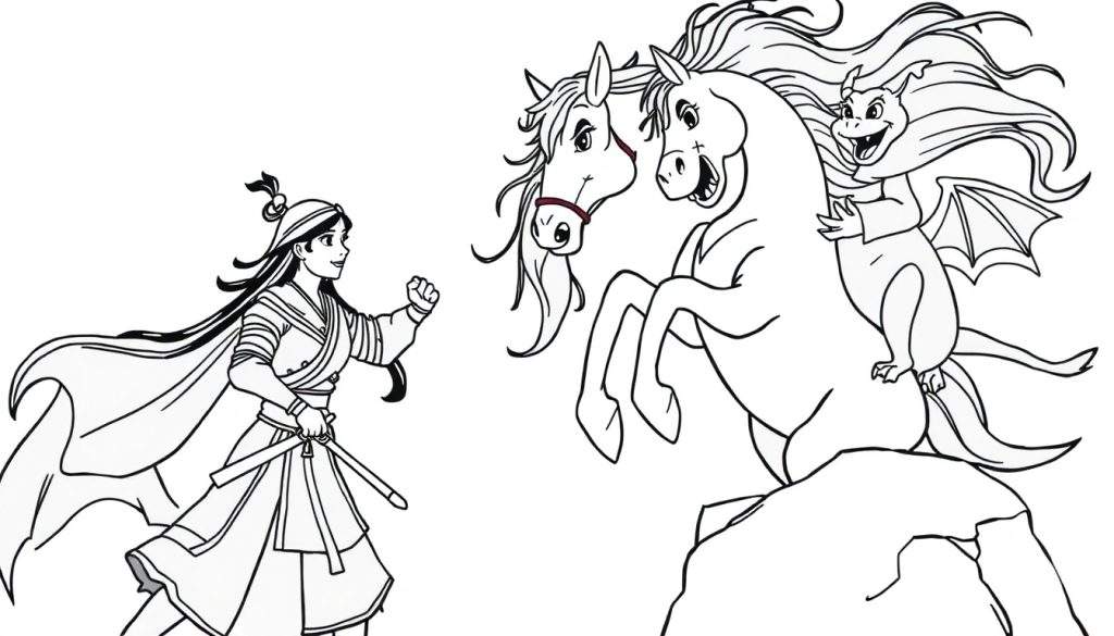 Disegno da colorare di una guerriera con spade, due cavalli in posa drammatica e un piccolo drago alato su sfondo bianco.