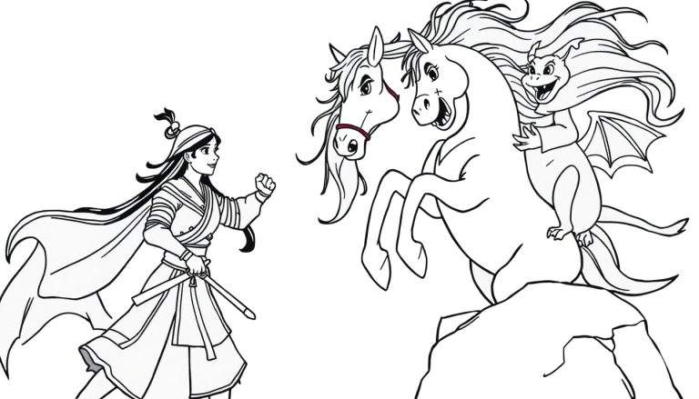 Disegno da colorare di una guerriera con spade, due cavalli in posa drammatica e un piccolo drago alato su sfondo bianco.
