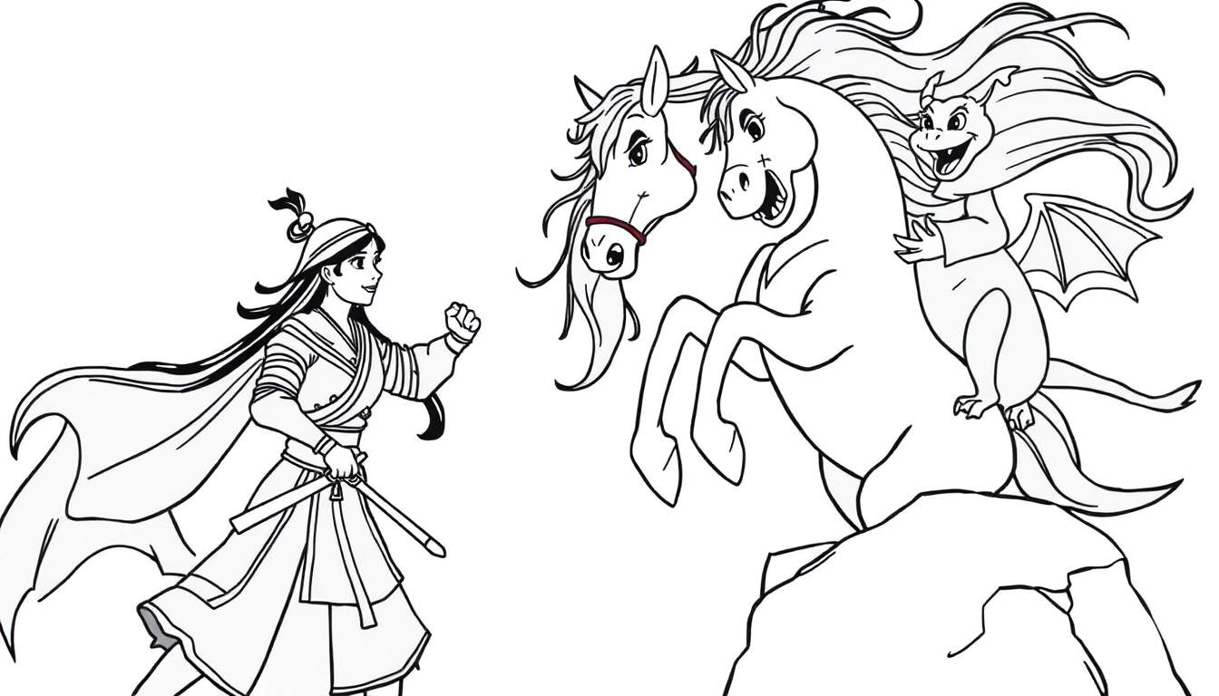 Disegno da colorare di una guerriera con spade, due cavalli in posa drammatica e un piccolo drago alato su sfondo bianco.