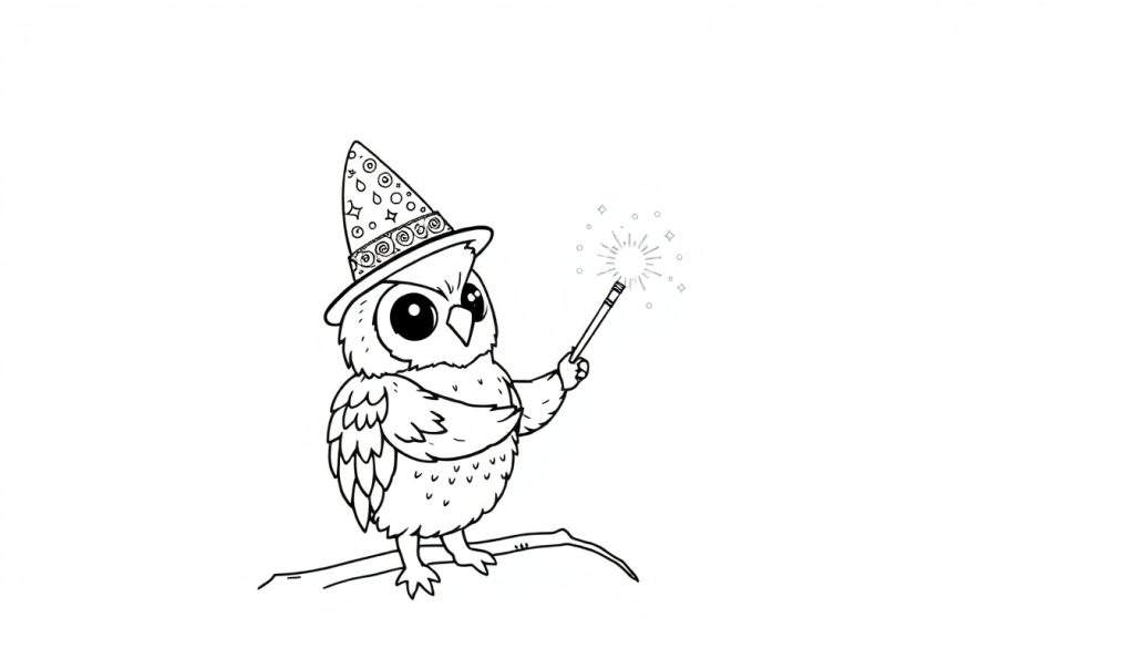 Disegno da colorare di un gufo con cappello da mago e bacchetta magica.