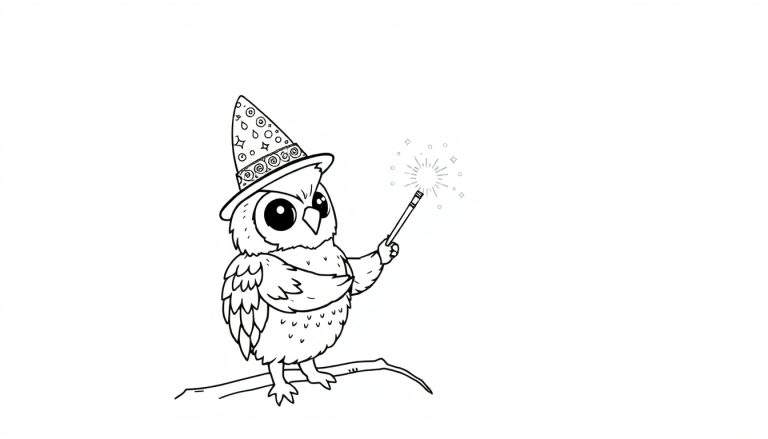 Disegno da colorare di un gufo con cappello da mago e bacchetta magica.