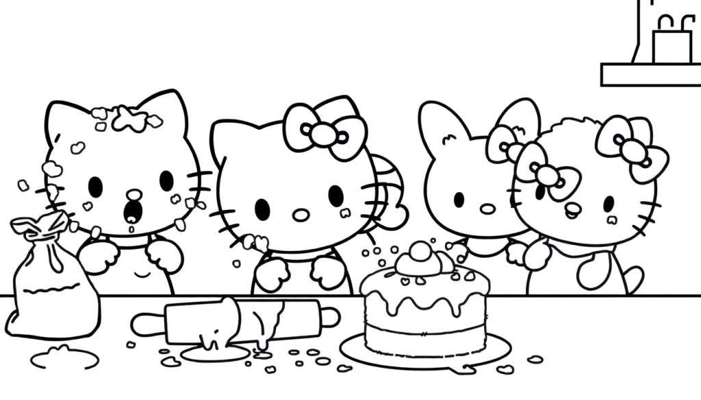Disegno da colorare con personaggi stile Hello Kitty che cucinano in cucina, con farina sparsa e una torta.