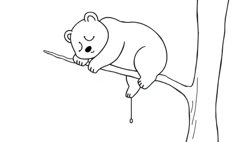 Disegno da colorare di un koala carino e semplice che dorme su un ramo d'albero, con una piccola foglia o fiore che pende dalla sua zampa.