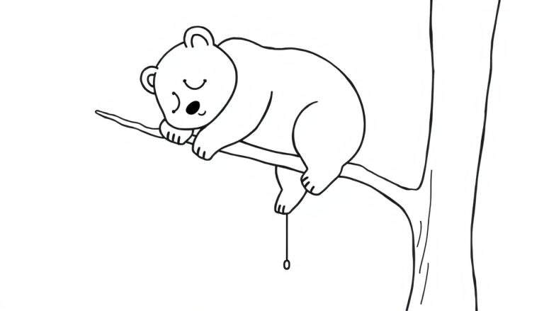 Disegno da colorare di un koala carino e semplice che dorme su un ramo d'albero, con una piccola foglia o fiore che pende dalla sua zampa.