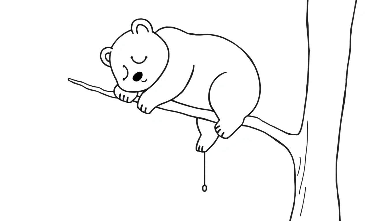 Disegno da colorare di un koala carino e semplice che dorme su un ramo d'albero, con una piccola foglia o fiore che pende dalla sua zampa.