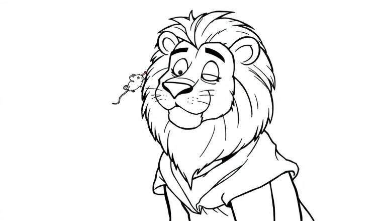 Disegno da colorare di un leone stilizzato con un topo in miniatura sul naso.