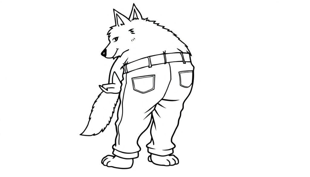 Disegno da colorare di un lupo antropomorfo con jeans, visto da dietro, con un'espressione sfacciata.
