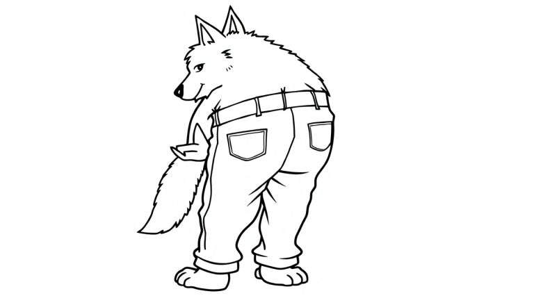 Disegno da colorare di un lupo antropomorfo con jeans, visto da dietro, con un'espressione sfacciata.