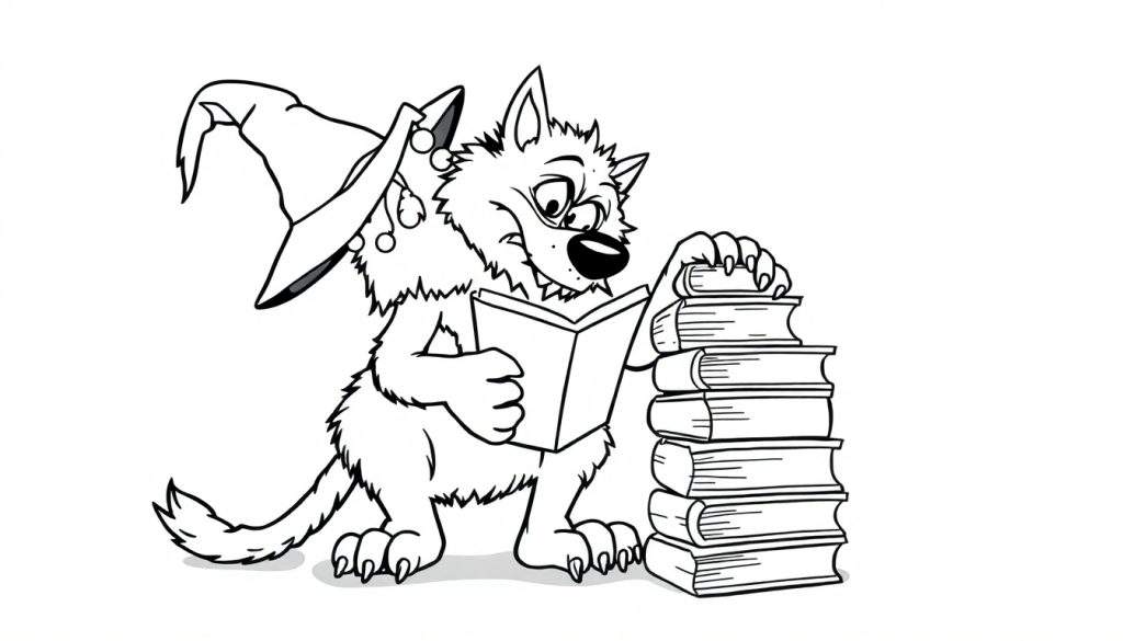 Disegno da colorare di un lupo con cappello da strega che legge un libro.