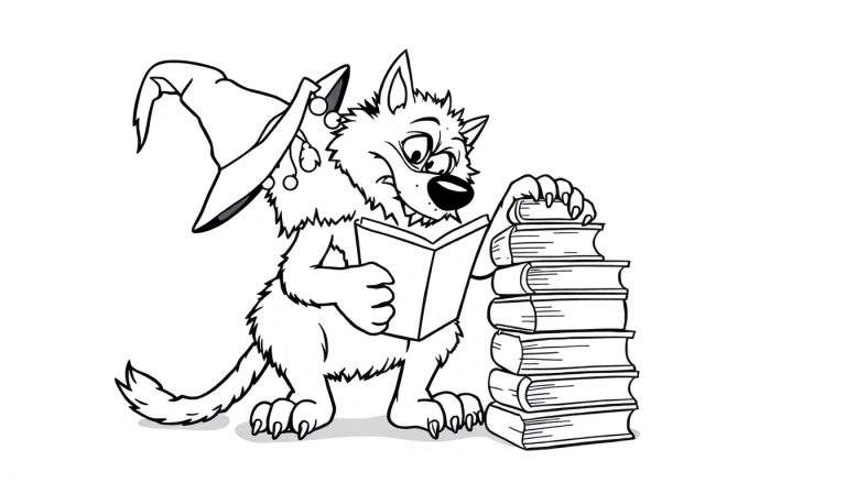 Disegno da colorare di un lupo con cappello da strega che legge un libro.