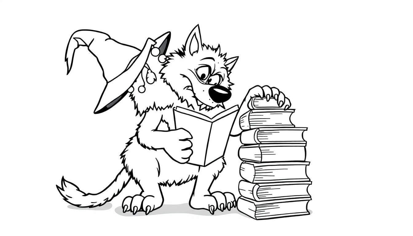 Disegno da colorare di un lupo con cappello da strega che legge un libro.