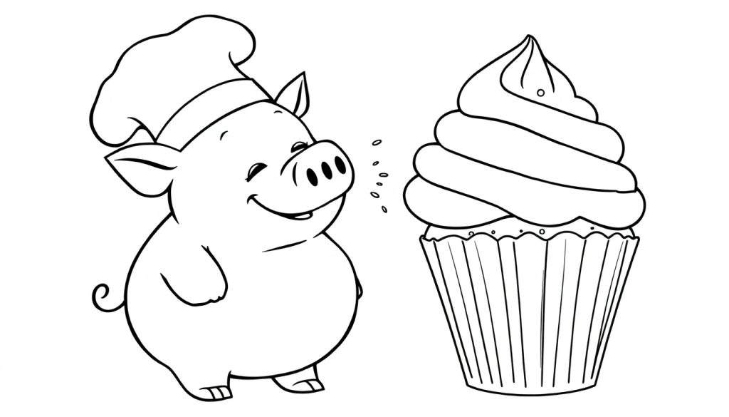 Disegno da colorare di un maiale con cappello da chef e un cupcake