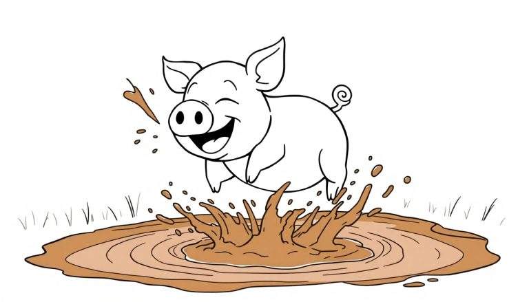 Disegno in bianco e nero di un maialino felice che salta in una pozzanghera di fango marrone. Schizzi di terra e acqua sono visibili.