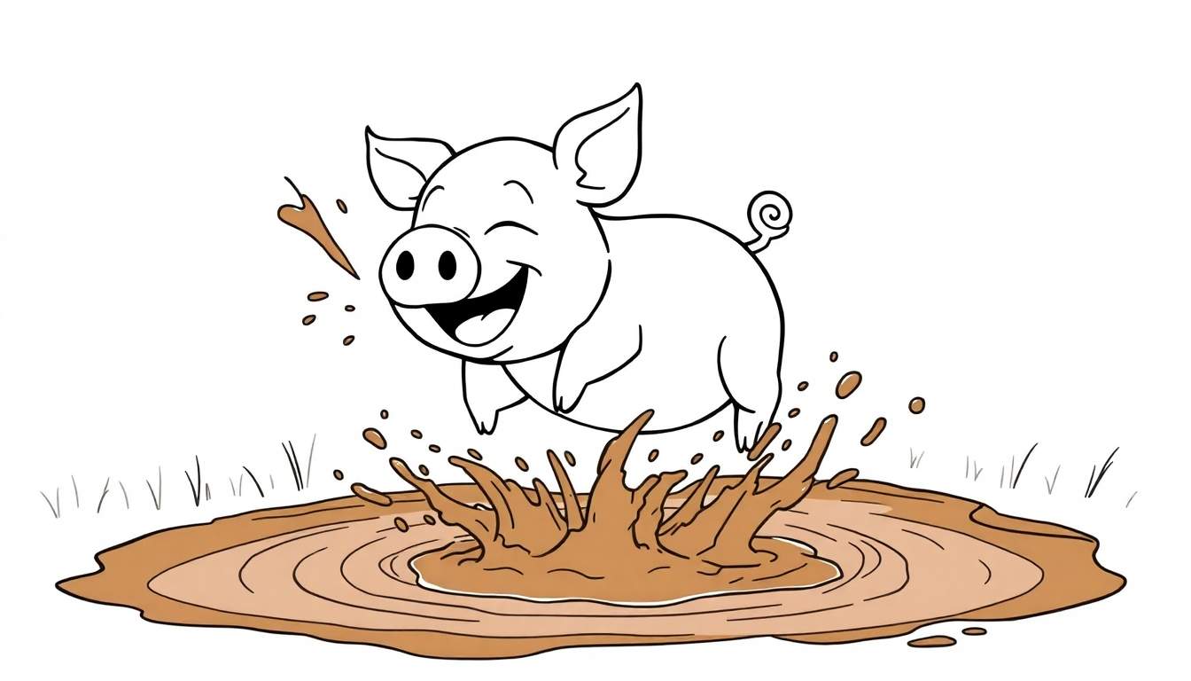Disegno in bianco e nero di un maialino felice che salta in una pozzanghera di fango marrone. Schizzi di terra e acqua sono visibili.