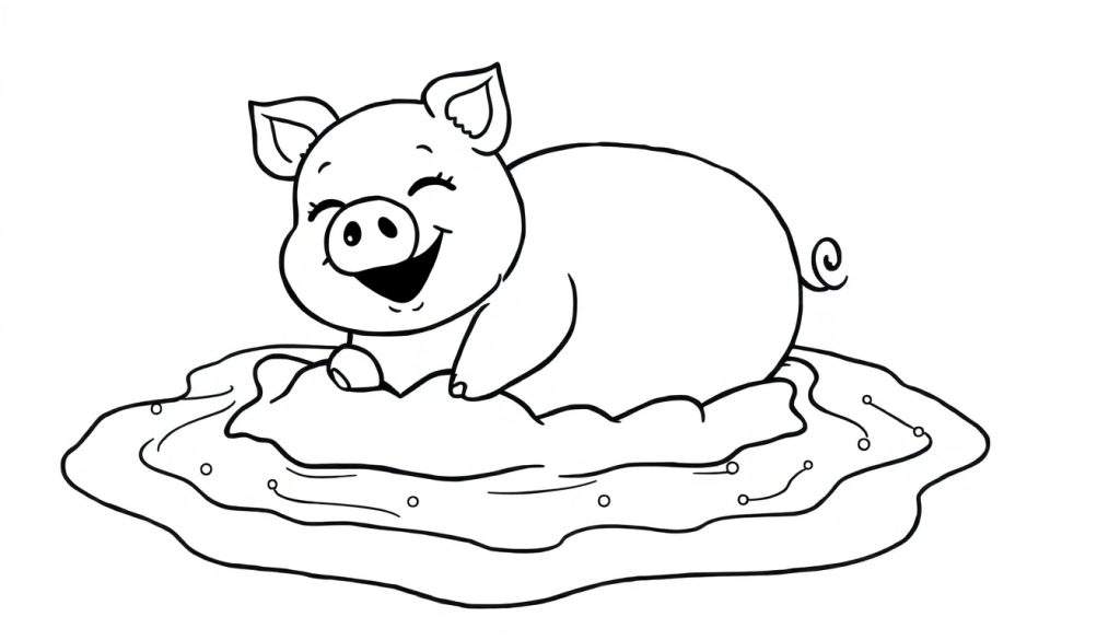 Disegno da colorare di un maialino felice con gli occhi chiusi e un largo sorriso, sdraiato su un cumulo di terra con piccole bollicine.