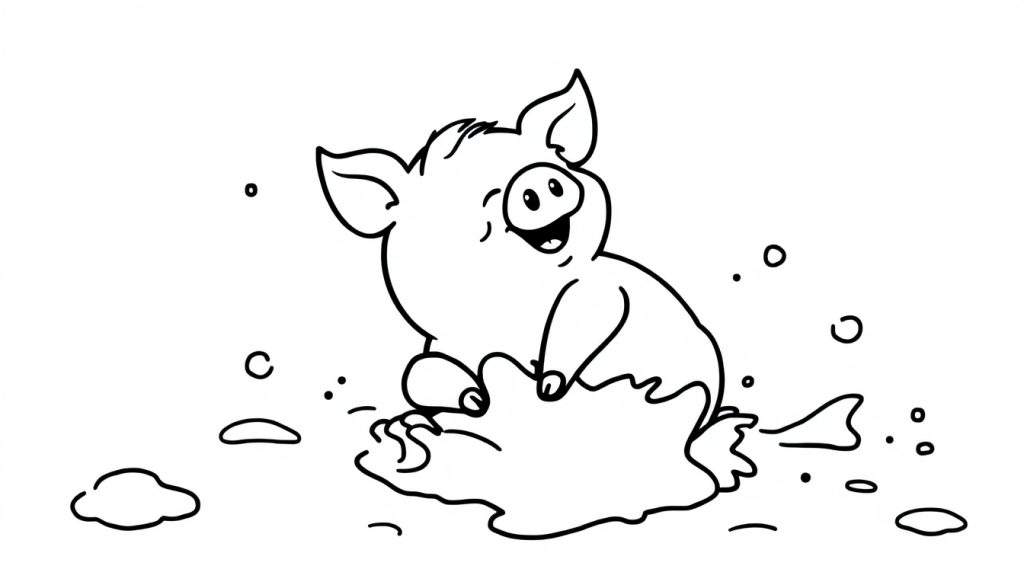 Disegno a linea di un maiale sorridente che si rotola nel fango, con bolle e gocce intorno.