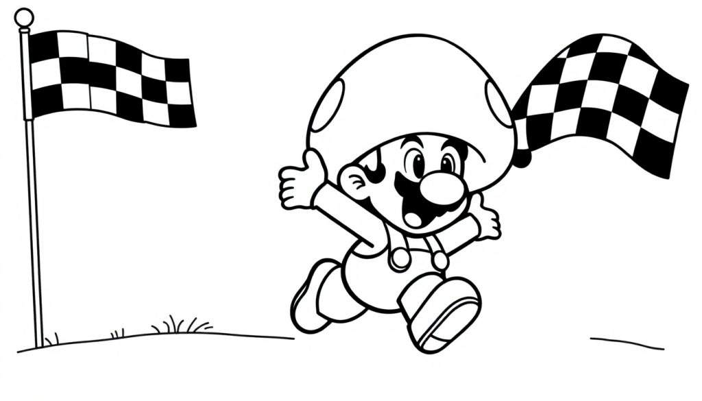 Disegno da colorare di un personaggio ispirato a Mario che corre festosamente con una bandiera a scacchi in mano, vicino a una bandiera a scacchi piantata a terra, con sfondo erboso.