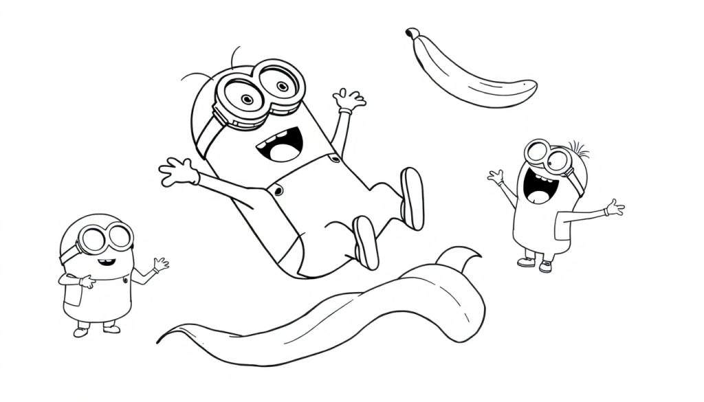Disegno da colorare di tre Minions, uno più grande in aria con una banana, uno sulla sinistra che saluta, tutti con occhiali e salopette.