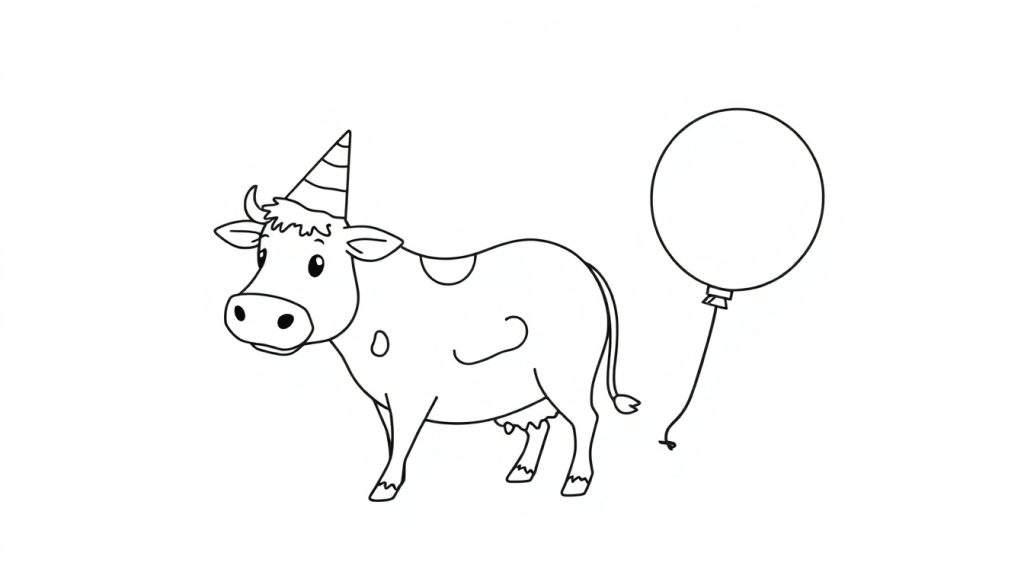 Disegno da colorare di una mucca felice con un cappello da festa e un palloncino