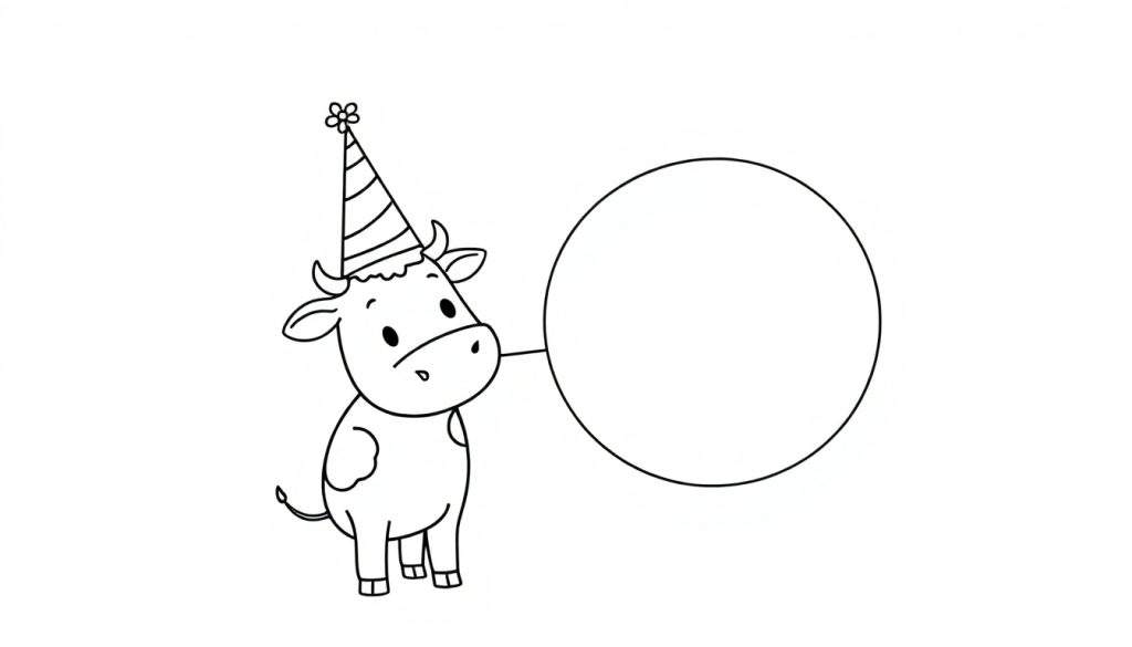Disegno da colorare di una mucca in stile cartone animato con un cappello da festa e un cerchio vuoto.