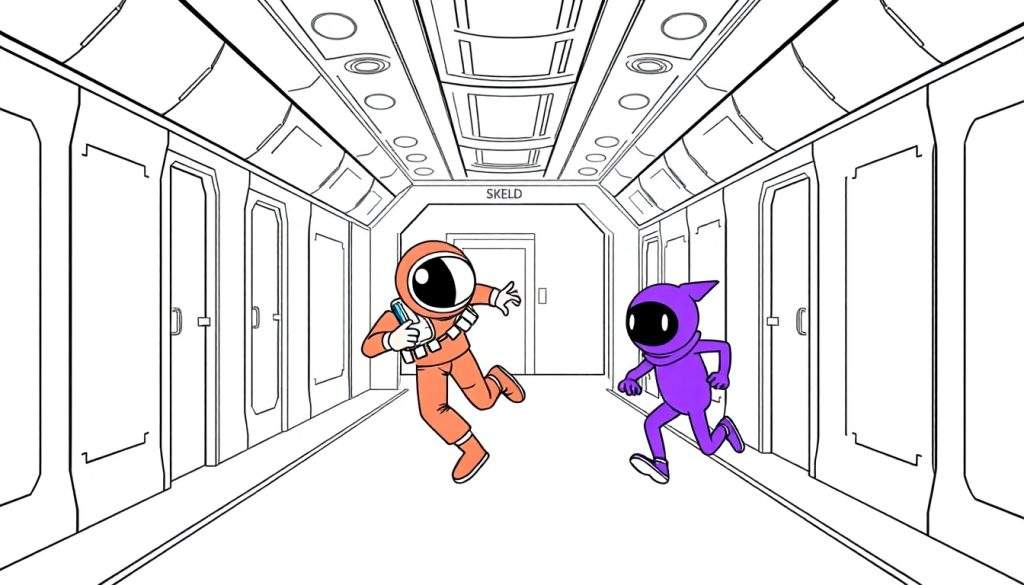 Disegno da colorare di una navicella spaziale con due personaggi stilizzati, uno in arancione e uno in viola, che corrono nel corridoio.