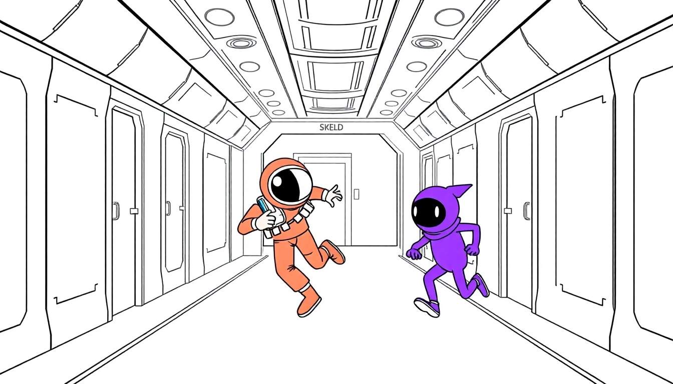 Disegno da colorare di una navicella spaziale con due personaggi stilizzati, uno in arancione e uno in viola, che corrono nel corridoio.