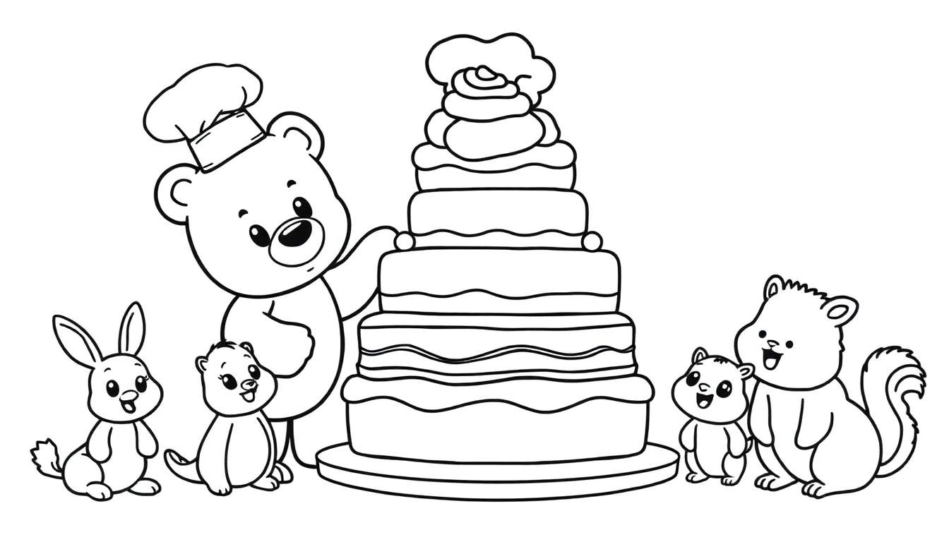 Disegno da colorare di un orso chef, un coniglio, un roditore e uno scoiattolo vicino a una torta a più strati.
