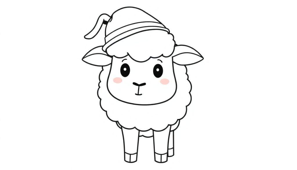 Disegno a linee nere di una pecora con un cappello a punta, pronta per essere colorata.