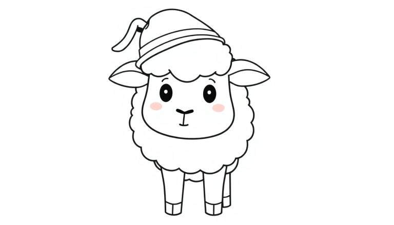 Disegno a linee nere di una pecora con un cappello a punta, pronta per essere colorata.