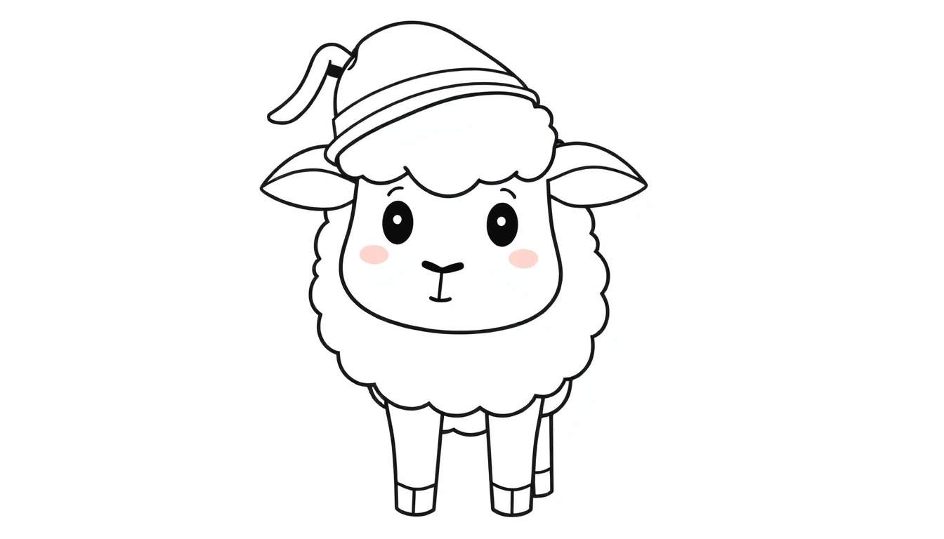 Disegno a linee nere di una pecora con un cappello a punta, pronta per essere colorata.