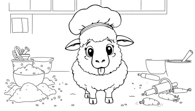 Disegno da colorare di una pecora con cappello da chef, farina, carote, ciotole, fruste e mattarello in una cucina.