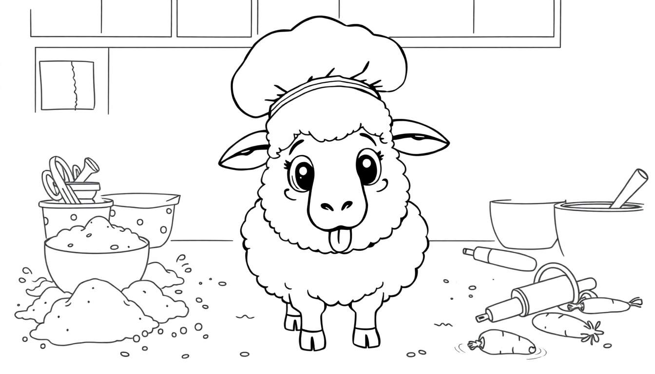 Disegno da colorare di una pecora con cappello da chef, farina, carote, ciotole, fruste e mattarello in una cucina.