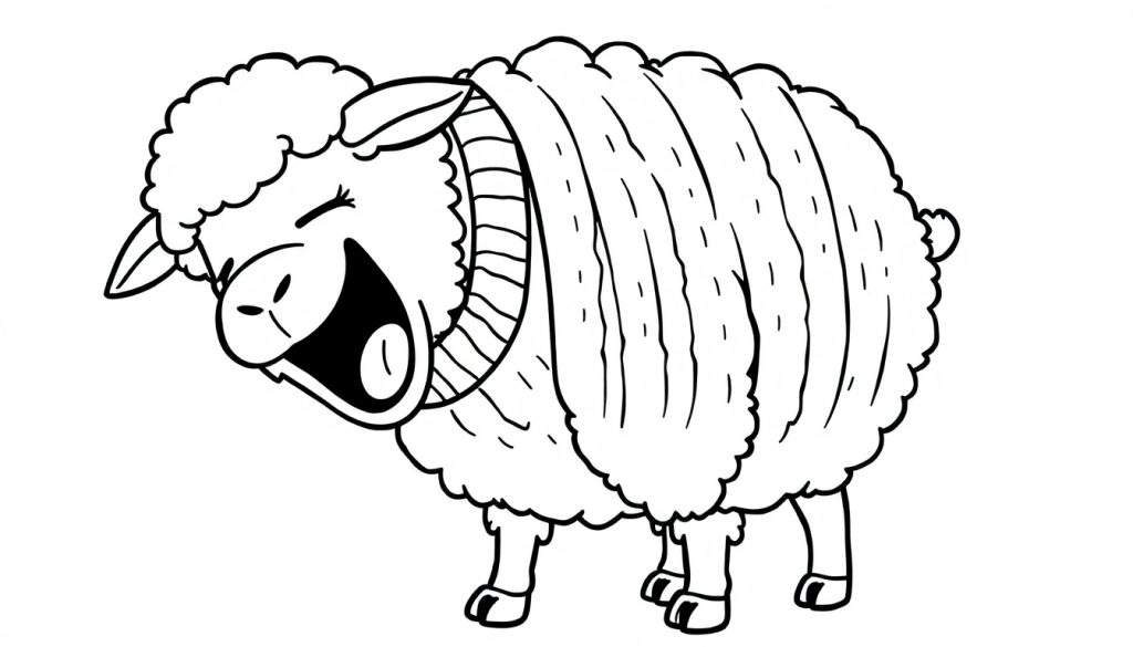 Disegno a linea di una pecora con la bocca aperta e gli occhi chiusi, che sembra ridere forte. Il corpo della pecora è ricoperto di lana folta.