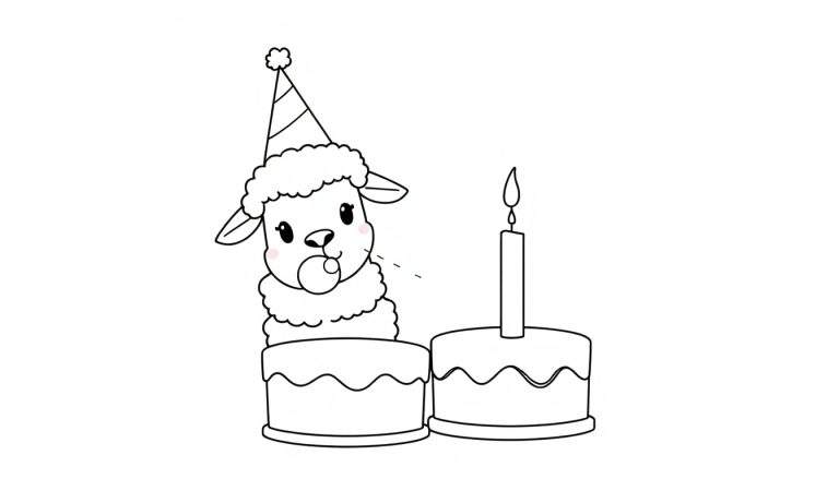 Disegno bianco e nero di una pecora con cappello da festa che soffia bolle, con due torte di compleanno.