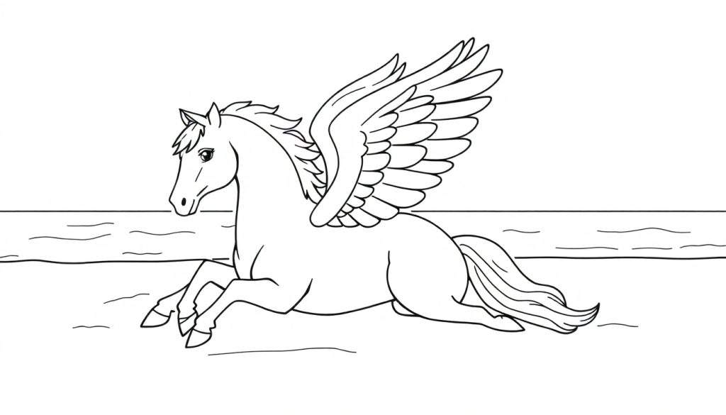Disegno da colorare di Pegaso, il cavallo alato, in corsa.